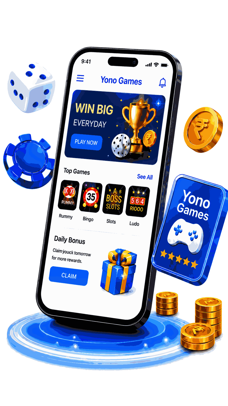 Yono Games apps and game categories displayed on a mobile phone
